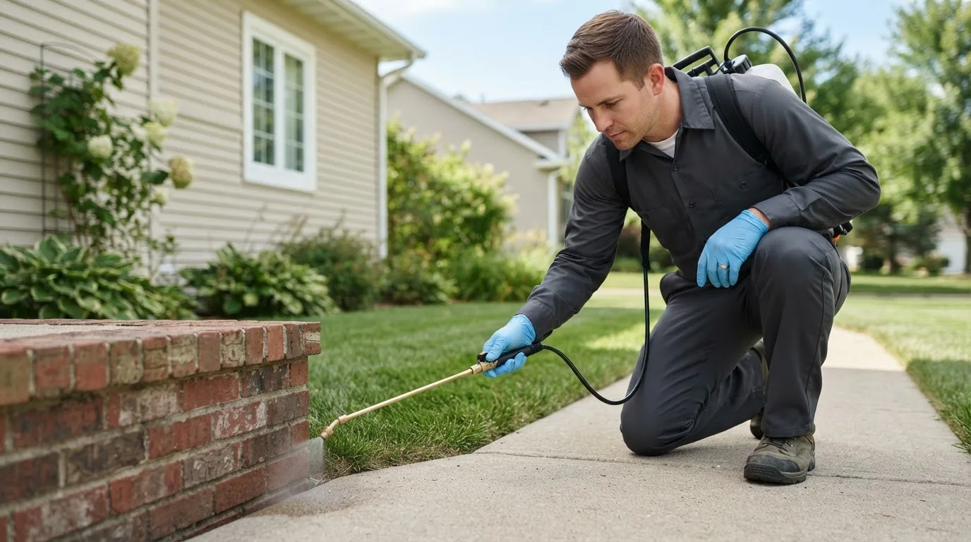 Pest control technician treating a home near Cambridgeport, VT