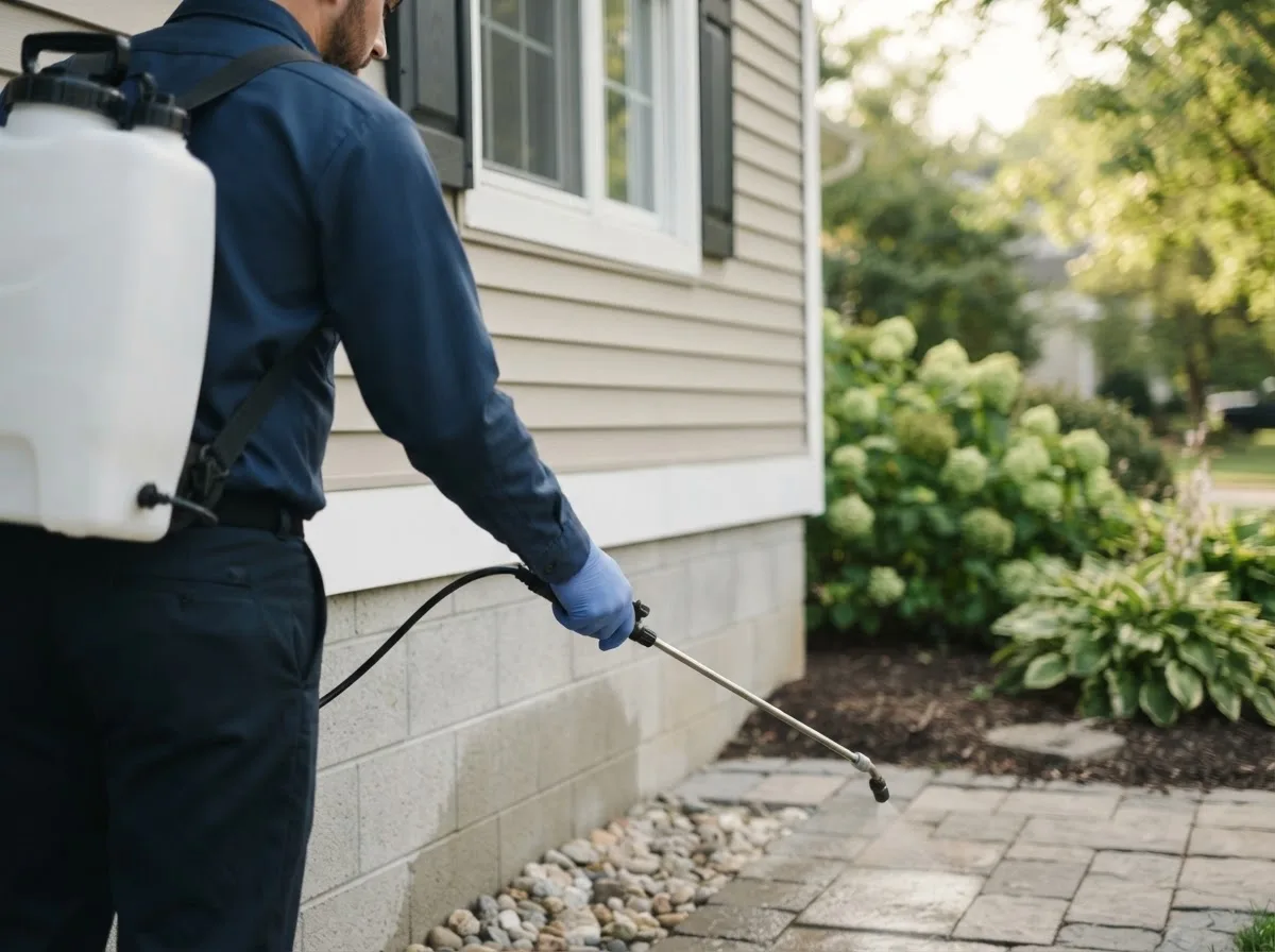 Pest control technician inspecting a home in Cambridgeport, VT